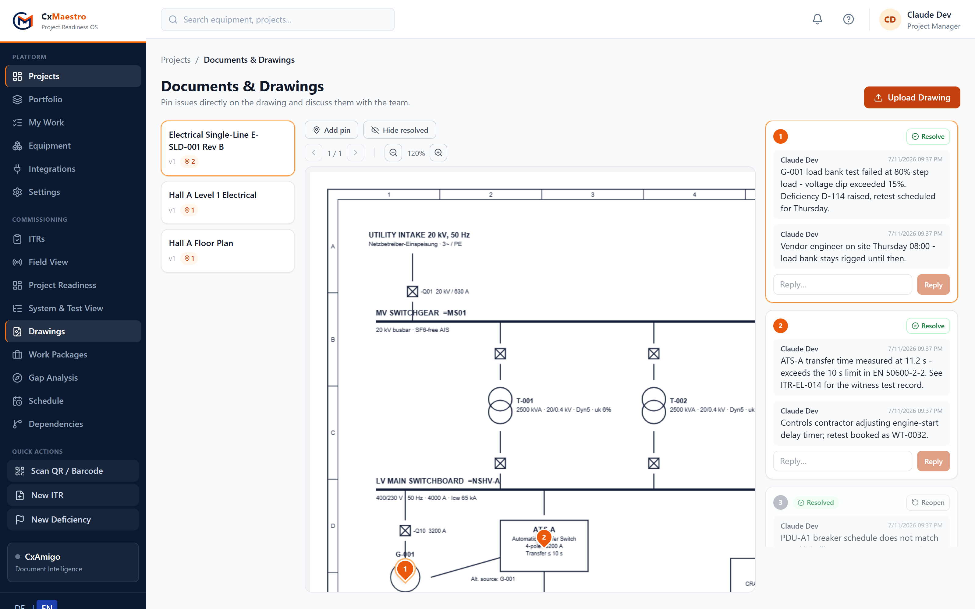 Documents & Drawings view: a floor plan PDF with a numbered annotation pin and a threaded comment sidebar